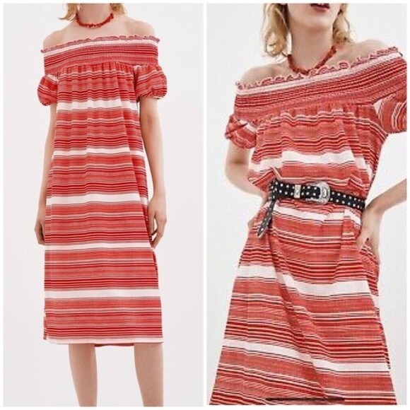 Zara Dress Women’s Size Small Red & White stripped Off the Shoulder MIDI Dress - Picture 1 of 8